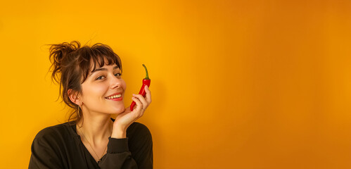 femme souriante qui tient un piment fort rouge dans la main - fond jaune - obrazy, fototapety, plakaty