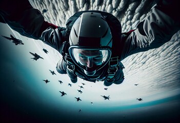 Looking. Extreme athletes conquer the sky. Height for skydiving. A sense of weightlessness and freedom. Generative AI