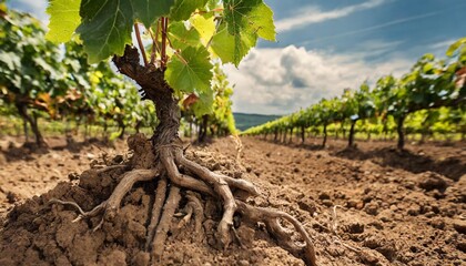 grapevine roots in clay soil at vineyard viticulture concept
