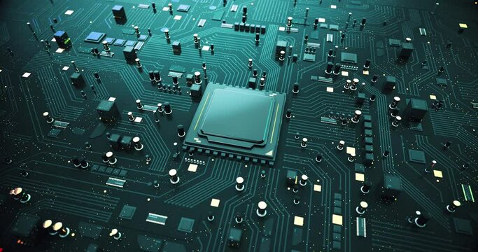 Generic Powerful CPU Processor With High Tech Motherboard. AI Technology. Computer And Technology Related 4K 3D CG Animation.
