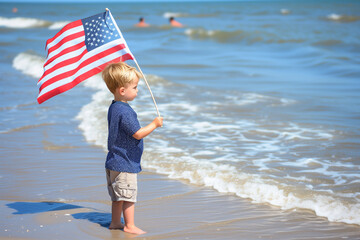 Child on the Beach with American Flag 