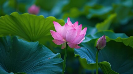 Obraz premium a couple of pink flowers sitting on top of a lush green leaf covered field of waterlily green leafy plants in front of a large leafy green leafy area.