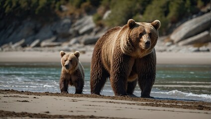 Obraz premium Brown bear mother with two cubs on beach
