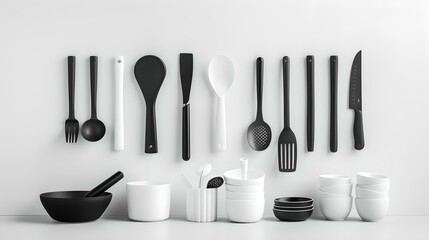 Modern kitchen utensils on a white background. simple and clean design. ideal for culinary concepts. minimalist style photography. AI