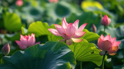  a group of pink flowers sitting on top of a lush green leaf covered field of water lilies in a sunlit, sunlit, green, leafy area.