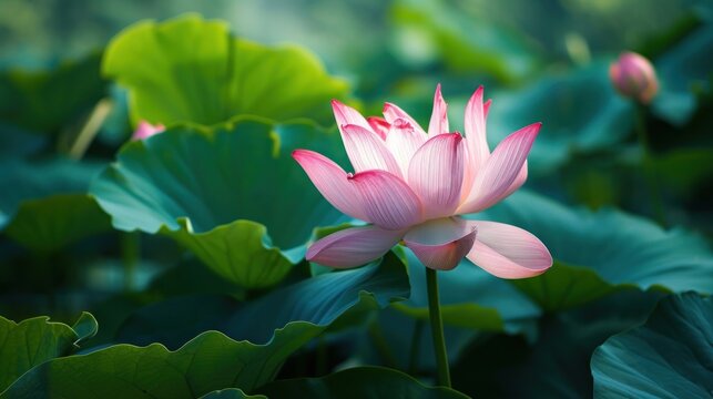  a close up of a pink lotus flower in a field of green leafy plants with water lilies in the foreground and a blurry background of the image.