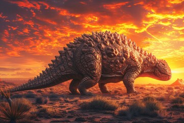 Ancient Ankylosaurus dinosaur with armored plates, wanders through a desert landscape under a fiery sunset sky, highlighted by the warm glow - obrazy, fototapety, plakaty