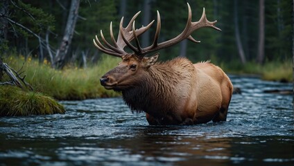 Naklejka na ściany i meble Bull Elk in stream