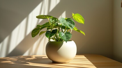  a potted plant sitting on top of a wooden table in front of a window with the sun shining through the blinds on the wall behind the potted plant.