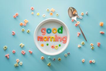 Words made of colorful cereal. Good Morning message in a bowl. Simple and fast breakfast. National cereal day. Minimal creative food concept