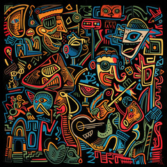 Fototapeta premium Vivid art fusing electric & acoustic guitars in a psychedelic swirl of neon colors, embodying the soul of music.