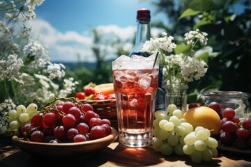 Outdoor picnic with grape soda glass., generative IA