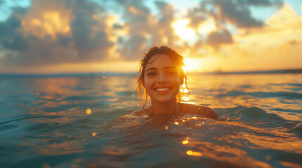 Smiling woman dancing in the summer sea happy and freedom