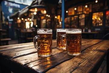 Two mugs of cold beer in a cozy pub., generative IA
