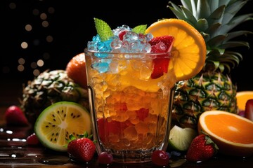 Tropical cocktail with fruits and umbrella in colored table., generative IA