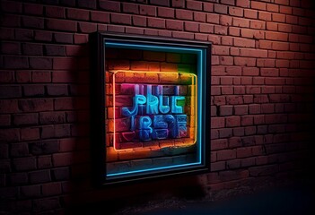 3D rendered neon frame on brick wall background. Generative AI