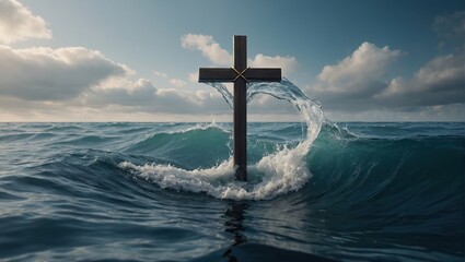 Christian Cross in the sea with waves - obrazy, fototapety, plakaty