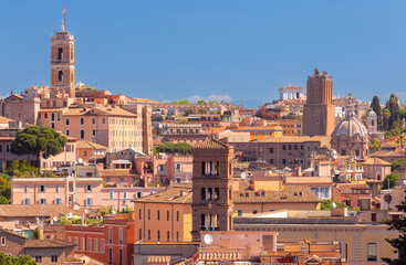View of the old historical part of Rome from the hill in the early morning.