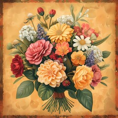 Vibrant Bouquet of Spring Flowers on a Warm Vintage Background