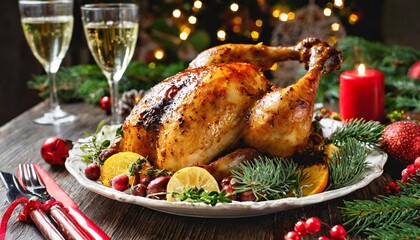 Fototapeta na wymiar new year dinner table roasted christmas chicken