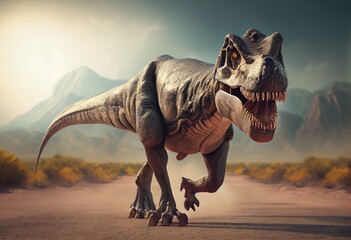 3D rendering of Allosaurus walking to viewer, isolated on white background. Generative AI