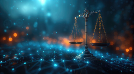 neutral artificial intelligence Scales of Justice in the Digital World Digital scale illustration on futuristic network background. Fairness and equality in ethics - obrazy, fototapety, plakaty