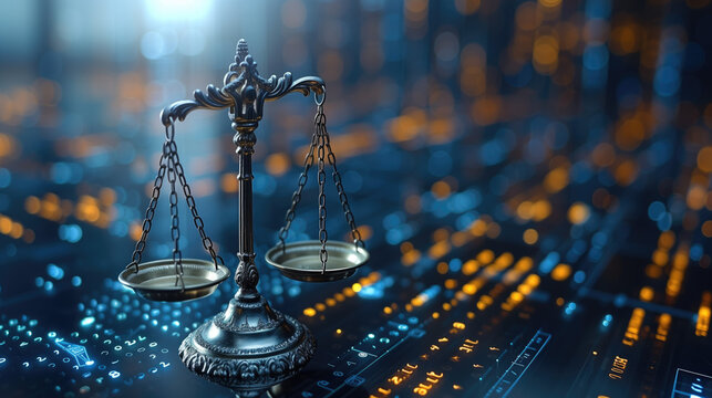 neutral artificial intelligence Scales of Justice in the Digital World Digital scale illustration on futuristic network background. Fairness and equality in ethics