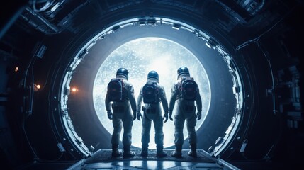 Team of astronauts in a space suits aboard the orbital station. A crew of cosmonauts piloting the spaceship. People in space. Galactic travel and science concept. - 734228551
