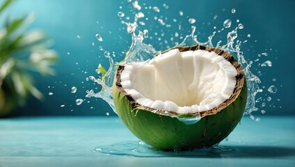 Coconut water splashing out of a fresh green coconut isolated on a pastel summer blue background - obrazy, fototapety, plakaty