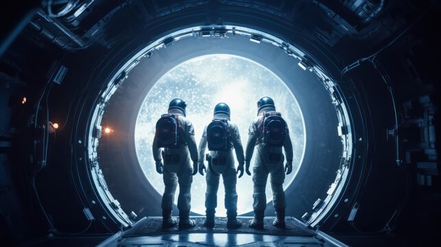 Team of astronauts in a space suits aboard the orbital station. A crew of cosmonauts piloting the spaceship. People in space. Galactic travel and science concept.