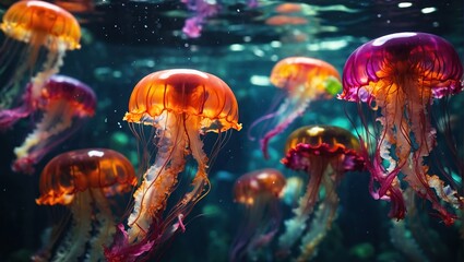 colorful jellyfish under water - obrazy, fototapety, plakaty