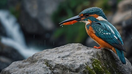 Colorful Kingfisher with long black beak perched on limestone rock with streak of water at the backdrop