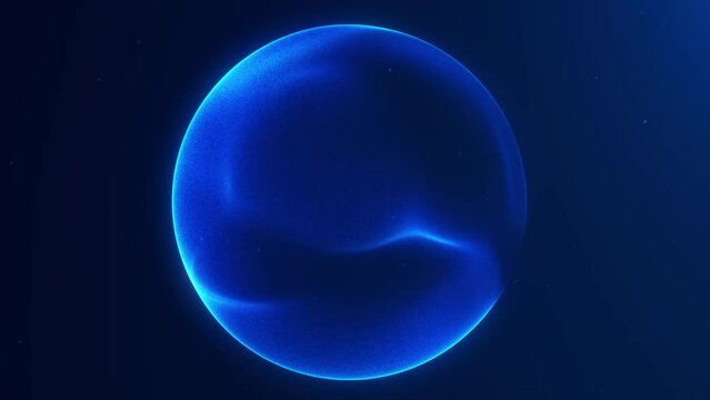 Blue fluid energy sphere with particle field. Abstract magical sphere with plasma. Energetic naturalistic minimalist orb for business, presentations. Virtual reality.  Dark blue electric moving core.