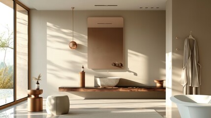  a bath room with a sink a mirror and a bath tub sitting next to a window with a view of the outside of the bathtub and outside of the room.