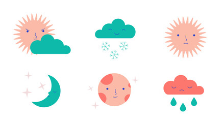 Collection of weather icons with faces. Vector illustration in flat color style. Weather forecast and emotions concept for design and print