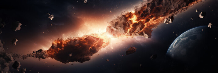 Dramatic scene of an asteroid igniting as it enters Earths atmosphere, panorama. - obrazy, fototapety, plakaty