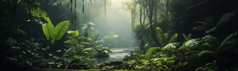 Sunlight filters through dense jungle, illuminating natural path. Panorama fantasy backdrop, Realistic nature rainforest.