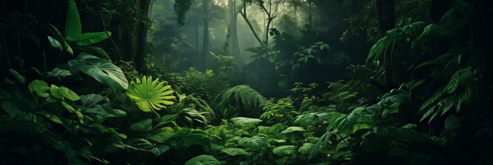 Sunlight filters through dense jungle, illuminating natural path. Panorama fantasy backdrop, Realistic nature rainforest.