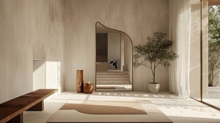  a room with a large mirror, a bench, and a potted plant on the floor in front of a mirror on the wall and a door way to the other side of the room.