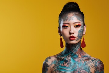 Young woman with face and neck tattoos serious face portrait - obrazy, fototapety, plakaty