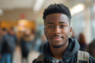 Estudiante negro, sonriendo, felicidad, seguridad, igualdad, con sus compañeros en clase, universitario, derechos