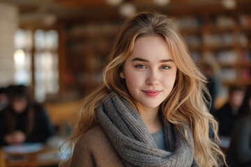 Chica estudiante, universitaria, frescura, naturalidad, metas, objetivos, clase, biblioteca, bufanda, labios rojos