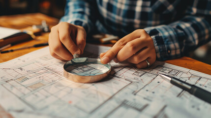 a man is looking at a blueprint with a magnifying glass