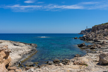 Rocky Mediterranean bay on the island of Ibiza.Tourist destination. Holiday. Vacation.