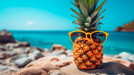 Pineapple in sunglasses on the beach against the backdrop of the blurred sea. Vacation, travel and summer concept. Pineapple on the sand on the beach