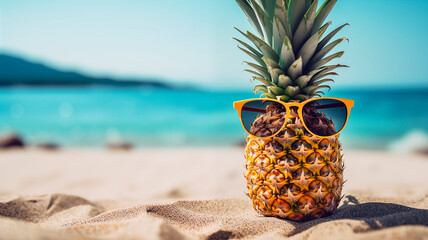 Pineapple in sunglasses on the beach against the backdrop of the blurred sea. Vacation, travel and summer concept. Pineapple on the sand on the beach