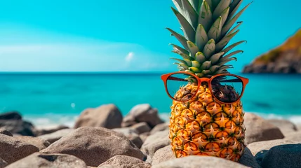 Papier Peint photo Turquoise Pineapple in sunglasses on the beach against the backdrop of the blurred sea. Vacation, travel and summer concept. Pineapple on the rocks on the beach