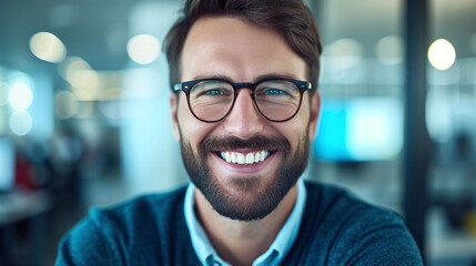 Smiling bearded man with glasses in modern office setting - obrazy, fototapety, plakaty