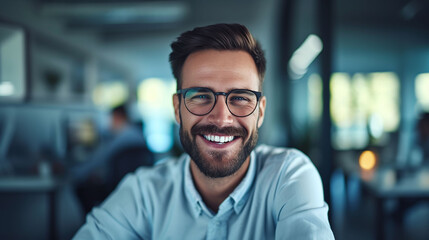 Obraz premium Confident young businessman with beard and glasses smiling at camera in modern office workspace
