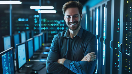 Confident IT engineer standing in server room data center arms crossed and smiling